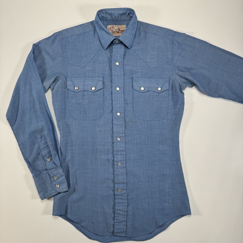 Vintage GAP Western Shirt 70s Chambray Pearl Snap Pioneer Wagon Tag USA Made XS